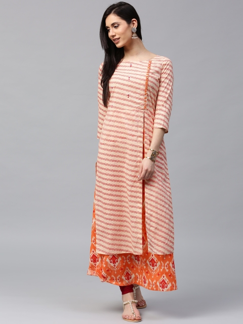

Jaipur Kurti Women Cream-Coloured & Orange Printed Layered A-Line Kurta