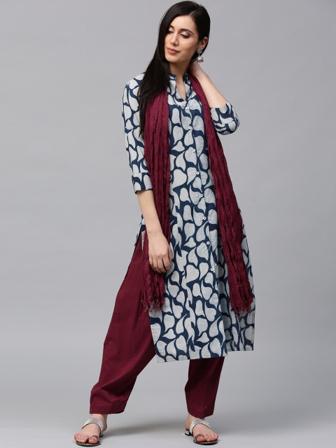

Jaipur Kurti Women Blue & Burgundy Printed Kurta with Salwar & Dupatta