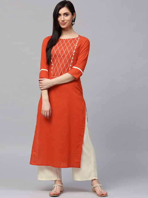 

Jaipur Kurti Women Orange & Cream-Coloured Embroidered Kurta with Palazzos