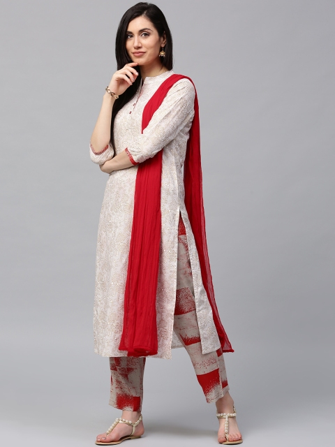 

Jaipur Kurti Women Off-White & Grey Printed Kurta with Palazzos & Dupatta