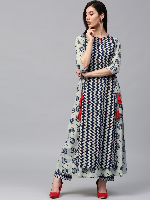 

Jaipur Kurti Women Navy & Off-White Printed Kurta with Palazzos, Navy blue