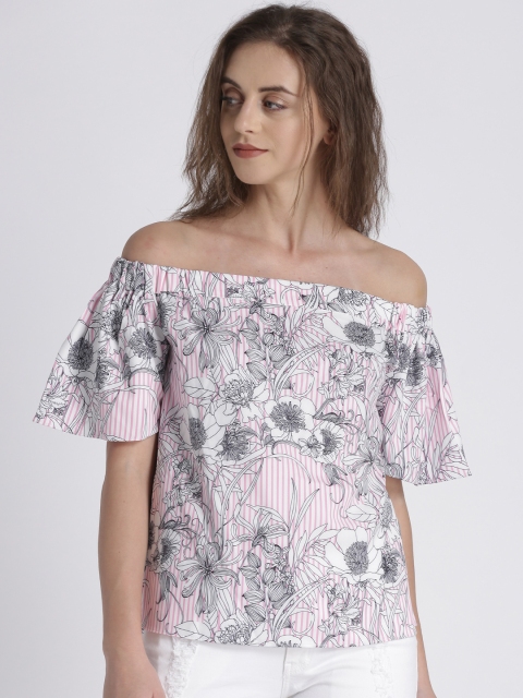 

Splash Women White & Pink Printed Bardot Top