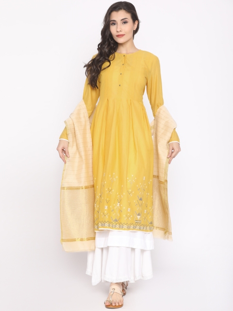 

Global Desi Women Mustard Yellow Printed A-Line Kurta
