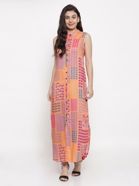 

Global Desi Women Coral & Blue Printed Maxi Dress