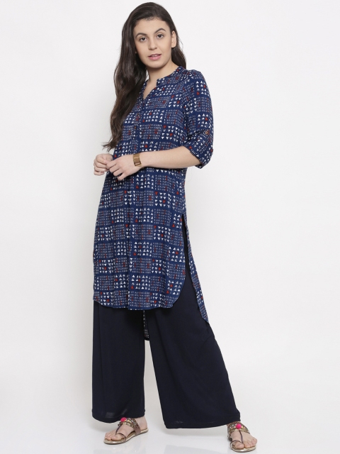 

Global Desi Women Navy Blue & White Printed Straight High-Low Hem Kurta
