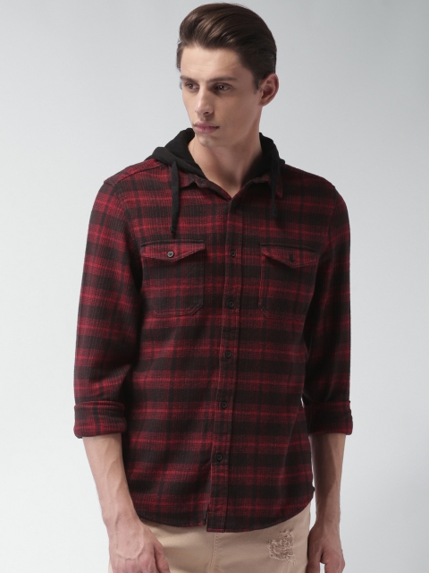 

Blue Saint Men Red & Black Slim Fit Hooded Casual Shirt