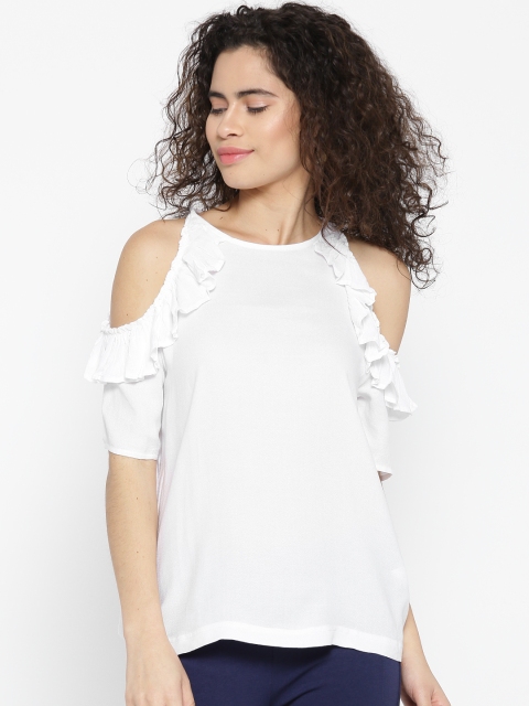 

United Colors of Benetton Women White Solid Cold Shoulder Top with Ruffles