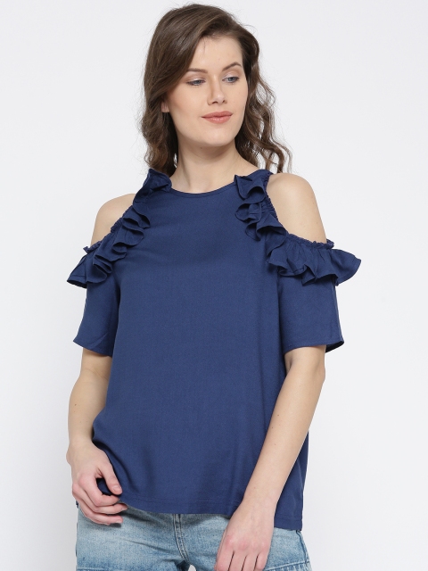 

United Colors of Benetton Women Navy Blue Solid A-Line Top with Ruffles