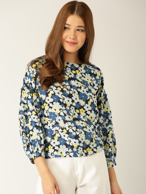 

United Colors of Benetton Women Blue & Off-White Printed Top