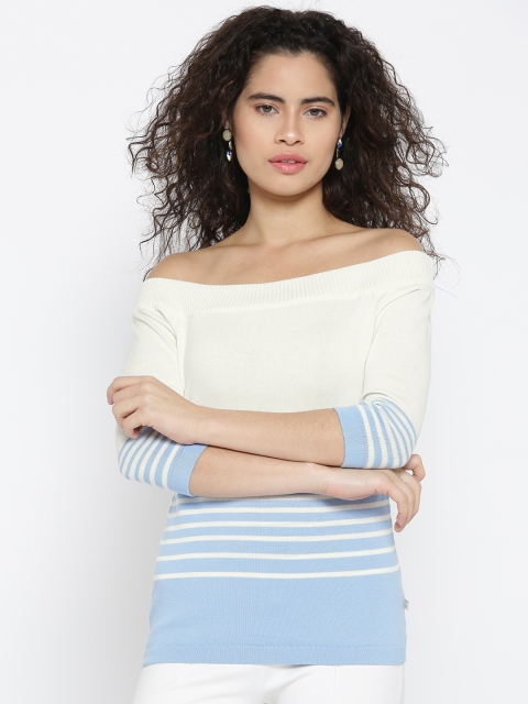 United Colors of Benetton Women Off-White & Blue Striped Bardot Top
