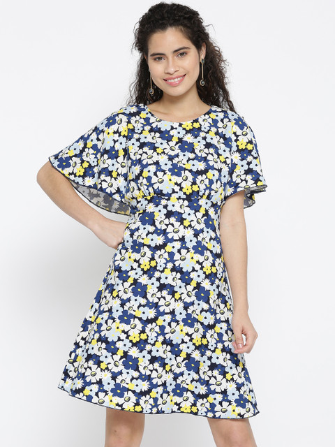 

United Colors of Benetton Women Blue & Yellow Printed A-Line Dress