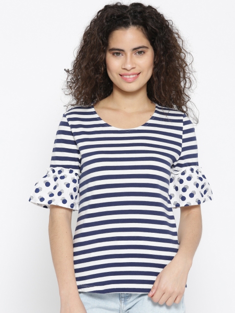 

United Colors of Benetton Women Navy & White Striped Pure Cotton Top, Navy blue