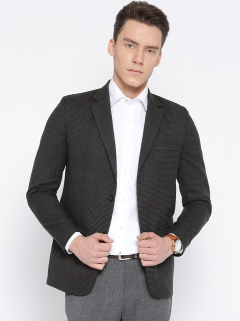 

Fort Collins Grey & Black Checked Single-Breasted Formal Blazer