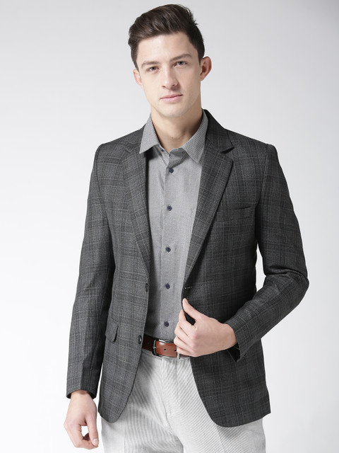 

Fort Collins Men Charcoal Grey Regular Fit Single-Breasted Checked Formal Blazer
