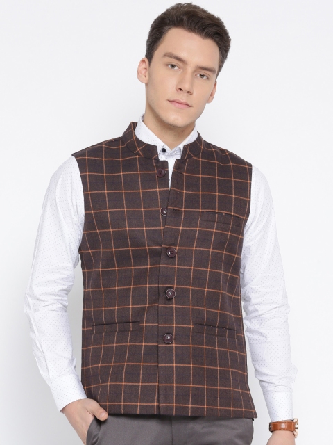 

Fort Collins Coffee Brown & Orange Checked Nehru Jacket