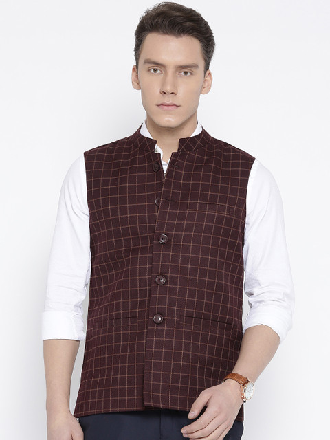 

Fort Collins Burgundy & Brown Checked Nehru Jacket
