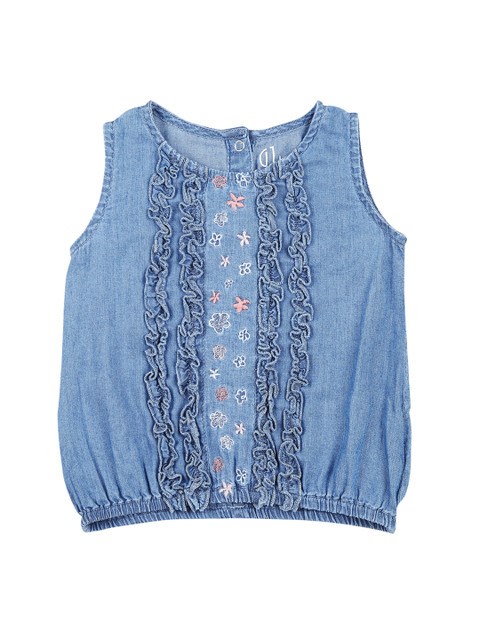 

Gini and Jony Girls Blue Solid Denim Blouson Top with Embroidered Detail