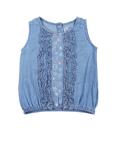 

Gini and Jony Girls Blue Solid Denim Blouson Top with Embroidered Detail