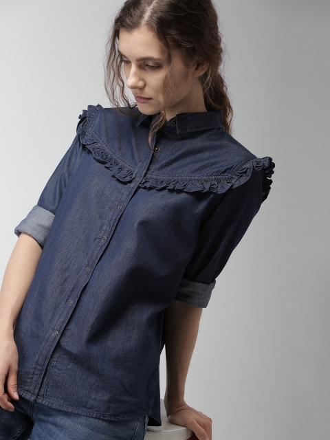 

Harvard Women Blue Regular Fit Solid Chambray Casual Shirt
