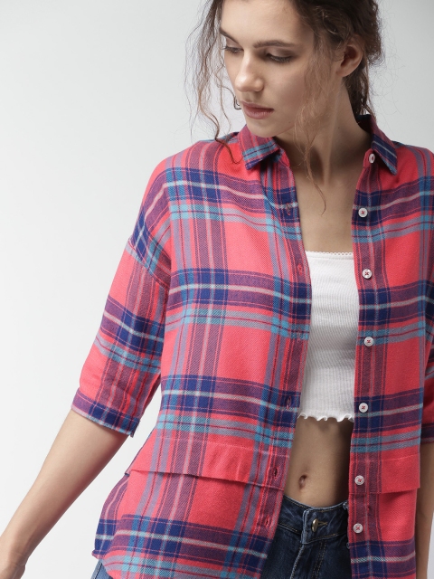 

Harvard Women Coral Pink & Blue Regular Fit Checked Casual Shirt