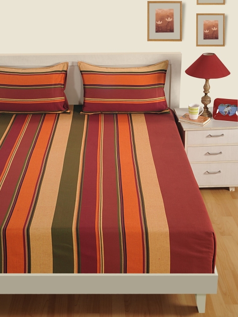 

SWAYAM Maroon & Orange Striped Flat 180 TC Cotton 1 King Bedsheet with 2 Pillow Covers