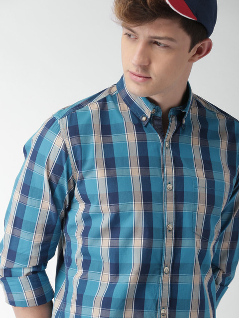 

Harvard Men Blue & Beige Slim Fit Checked Casual Shirt