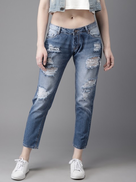 

HERE&NOW Women Blue Boyfriend Fit Mid-Rise Highly Distressed Cropped Jeans