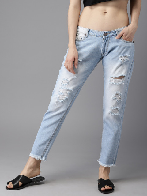 

HERE&NOW Women Blue Boyfriend Fit Mid-Rise Highly Distressed Cropped Jeans