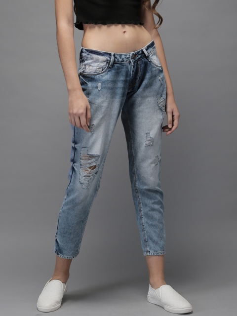 

HERE&NOW Women Blue Boyfriend Fit Mid-Rise Highly Distressed Cropped Jeans