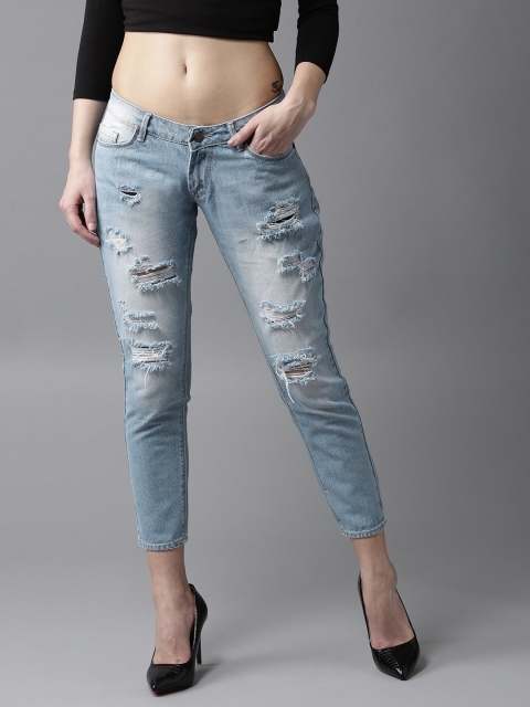 

HERE&NOW Women Blue Boyfriend Fit Mid-Rise Cropped Highly Distressed Jeans
