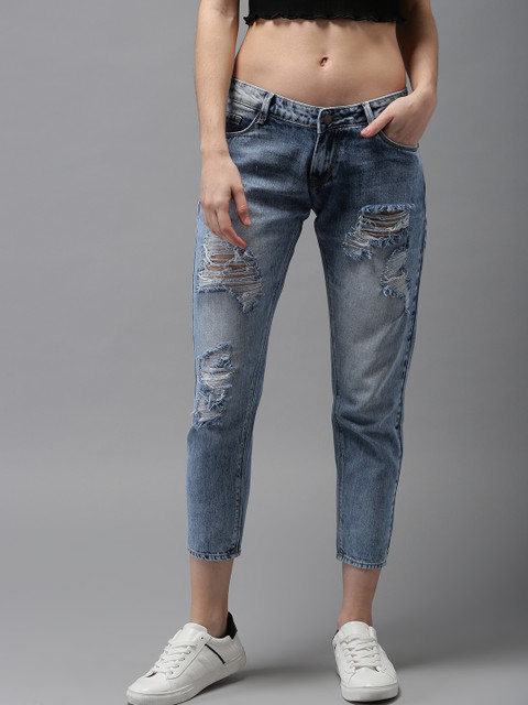 

HERE&NOW Women Blue Cropped Boyfriend Fit Mid-Rise Highly Distressed Jeans