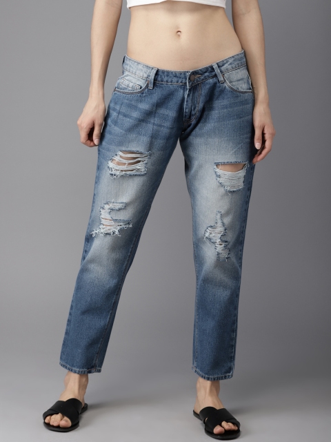 

HERE&NOW Women Blue Boyfriend Fit Mid-Rise Cropped Mildly Distressed Jeans