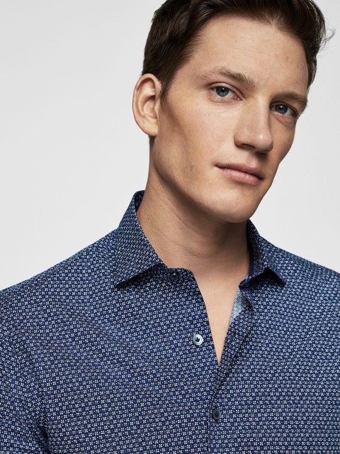 

MANGO MAN Navy & White Slim Fit Printed Casual Shirt, Navy blue