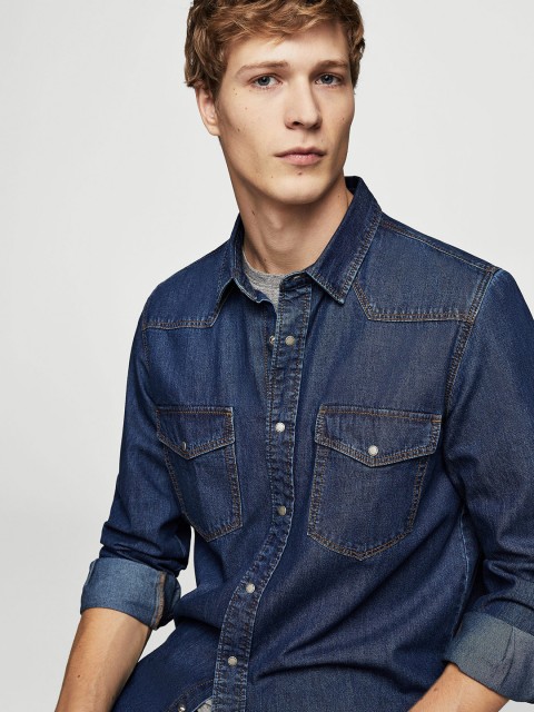 

MANGO MAN Men Navy Blue Denim Regular Fit Casual Shirt