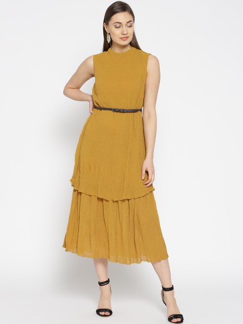 

Vero Moda Women Mustard Brown Accordian Pleat Solid A-Line Dress