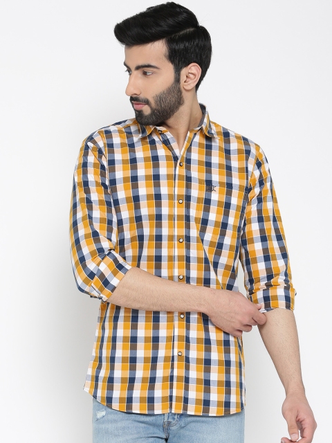 

Duke Stardust Men Navy Blue & Mustard Yellow Regular Fit Checked Casual Shirt