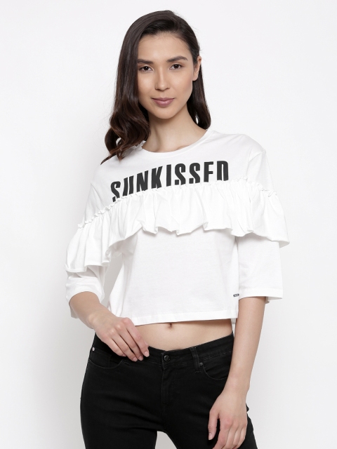

Lee Cooper Women Off-White Printed Crop Pure Cotton Top
