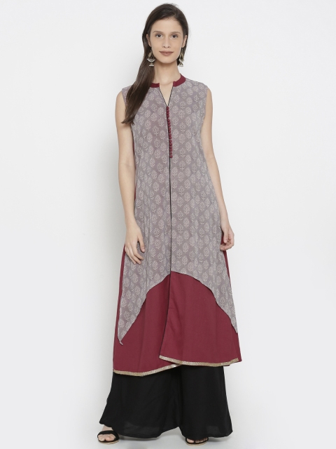 

Soch Women Maroon & Grey Printed Straight Kurta