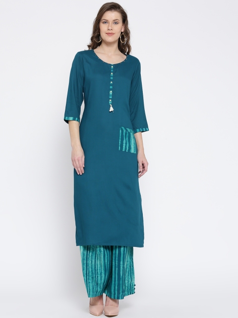 

Shree Women Teal Blue & Sea Green Solid Kurta with Striped Palazzos