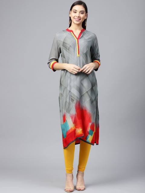 

Shree Women Grey & Red Printed Straight Kurta