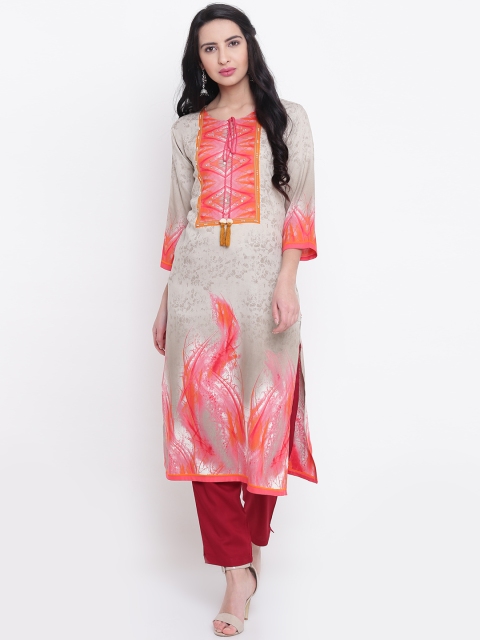 

Shree Women Beige & Pink Printed Straight Kurta
