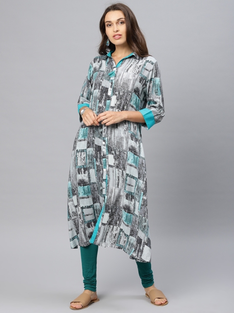 

Shree Women Grey & Blue Printed A-Line Kurta