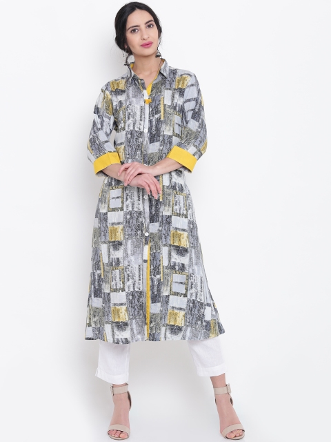 

Shree Women Grey & Yellow Printed A-Line Kurta