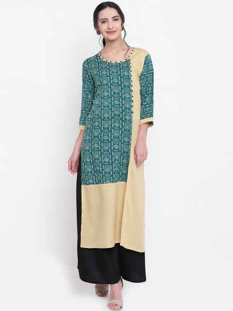 

Shree Women Beige & Green Printed Straight Kurta