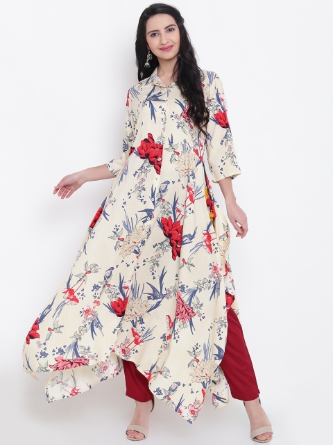 

Shree Women Cream-Coloured & Red Printed Asymmetrical Hem Anarkali Kurta