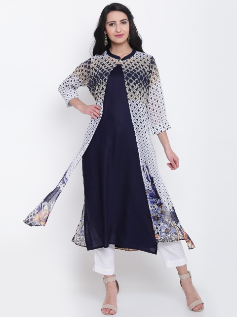 

Shree Women Navy & White Layered A-Line Kurta, Navy blue
