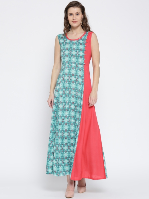 

Shree Women Blue & Coral Pink Printed Maxi Dress