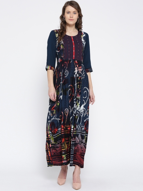 

Shree Women Navy Printed Maxi Dress, Navy blue