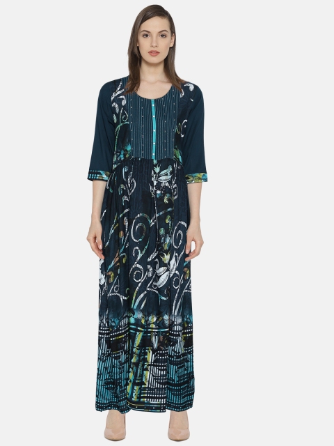 

Shree Women Navy & Off-White Printed Maxi Dress, Navy blue