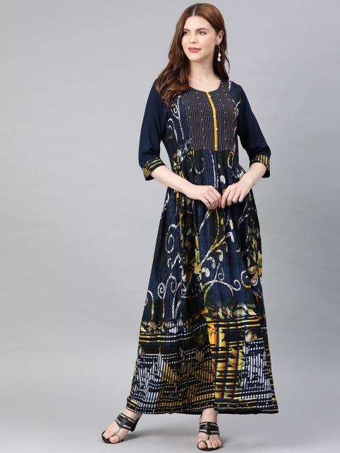 

Shree Women Navy Blue& Mustard Yellow Printed Maxi Dress